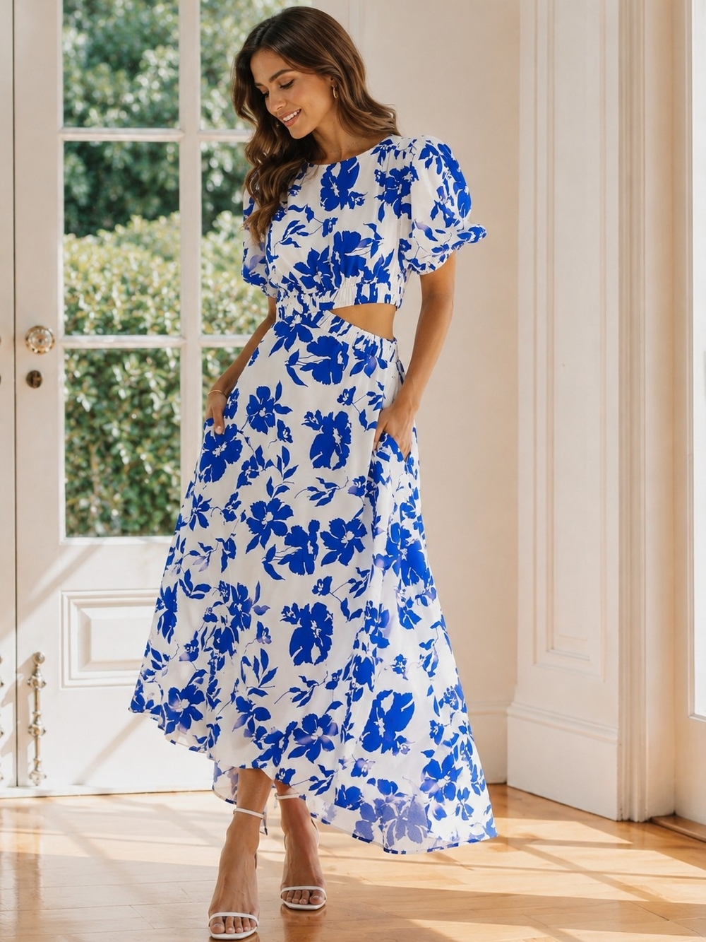 Petal & Pup White and Blue Floral High-Low Maxi Dress